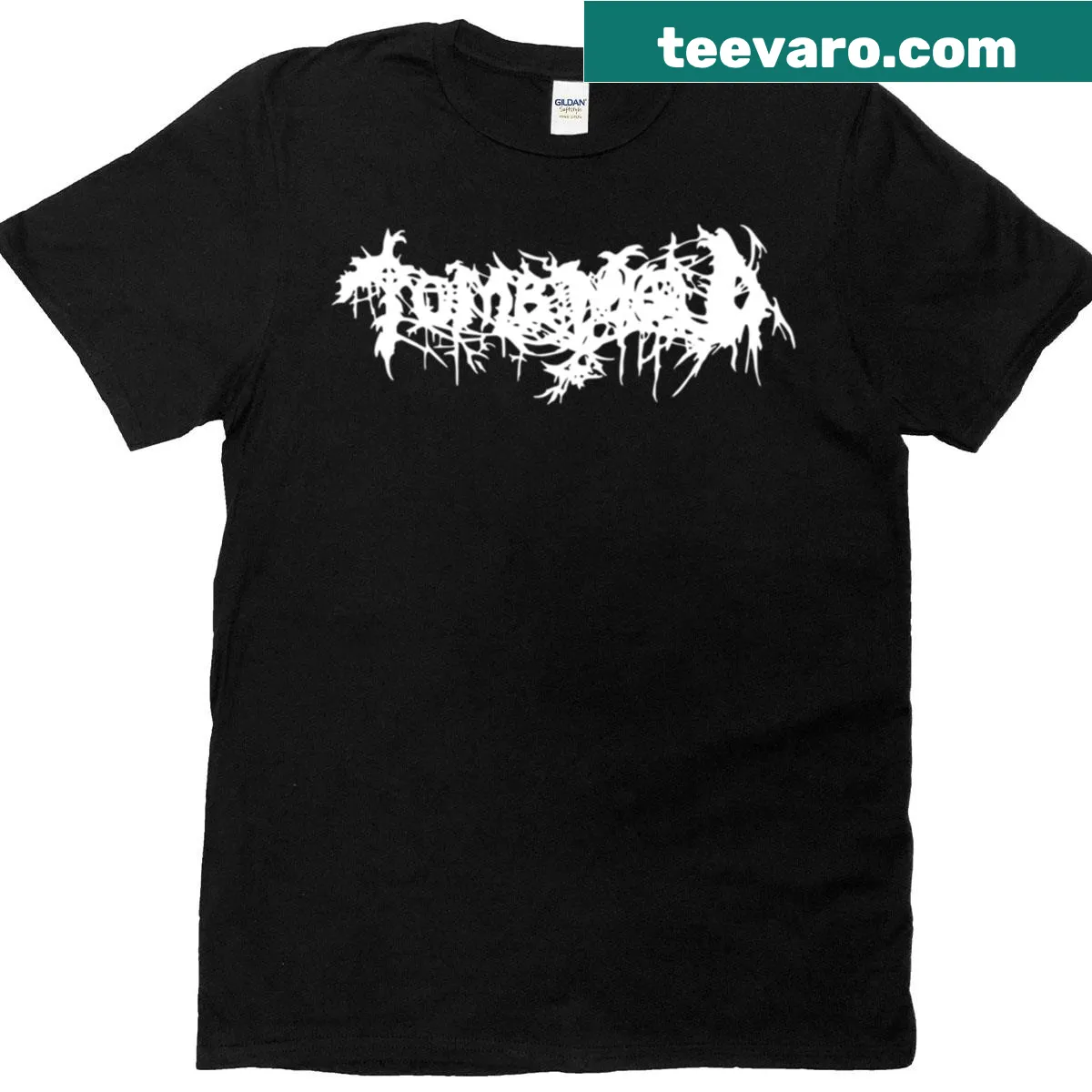 Bold T-shirt featuring Tomb Mold logo design — on a men's t-shirt