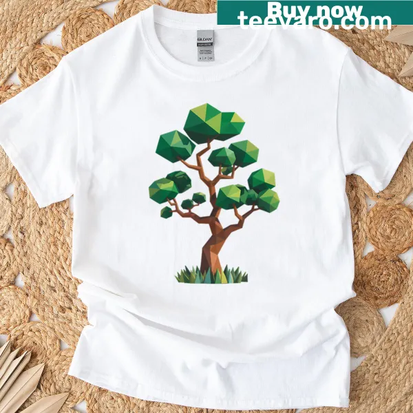 Minimalist t-shirt featuring a low poly tree logo