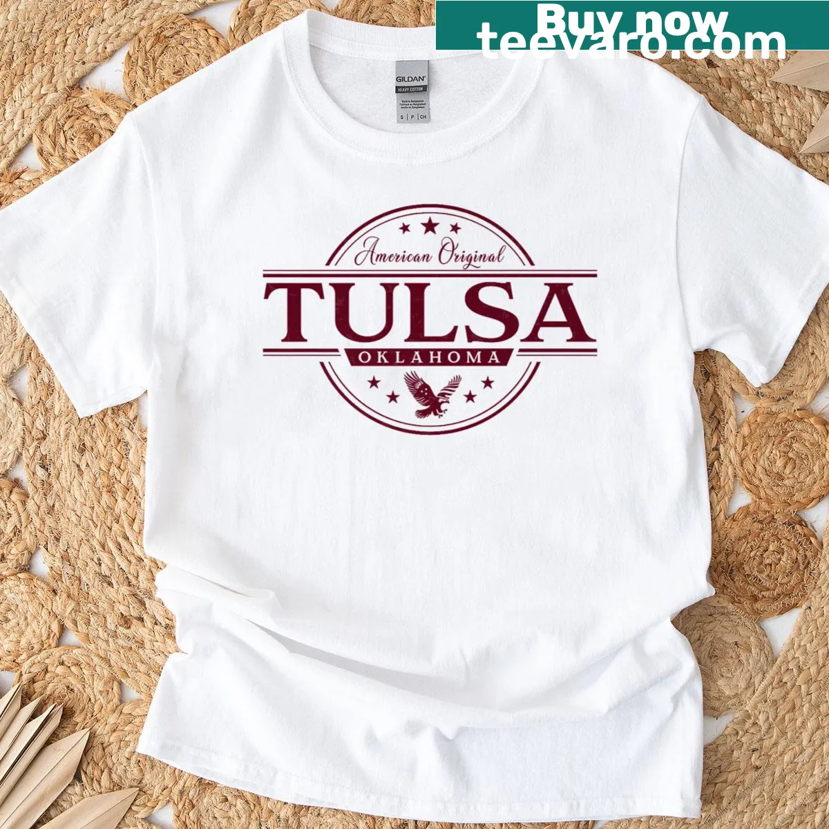 Tulsa Oklahoma badge-style T-shirt design — on a men's t-shirt