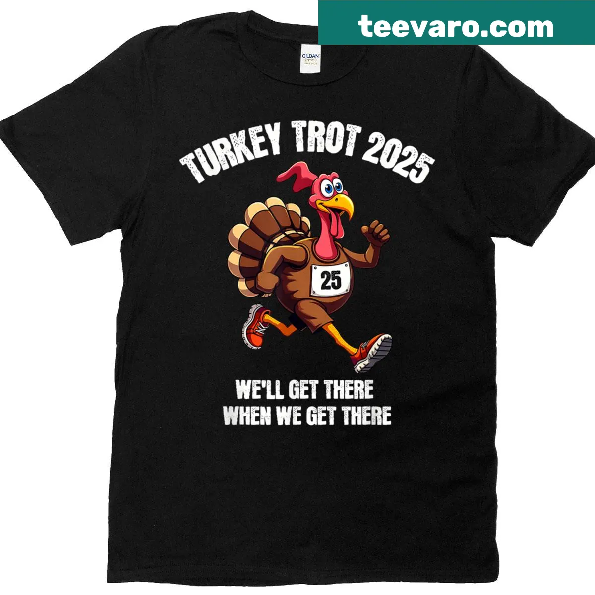 Funny Turkey Trot Squad T-shirt with whimsical turkey illustrations — on a men's t-shirt