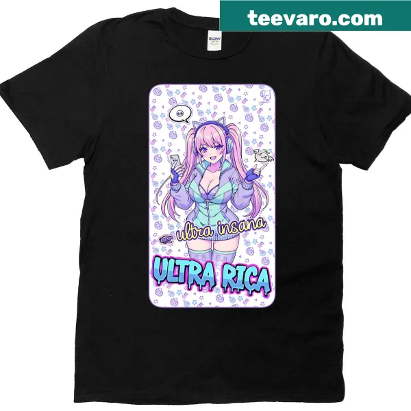 T-shirt with humorous typography saying 'Ultra Insane Ultra Rich'.