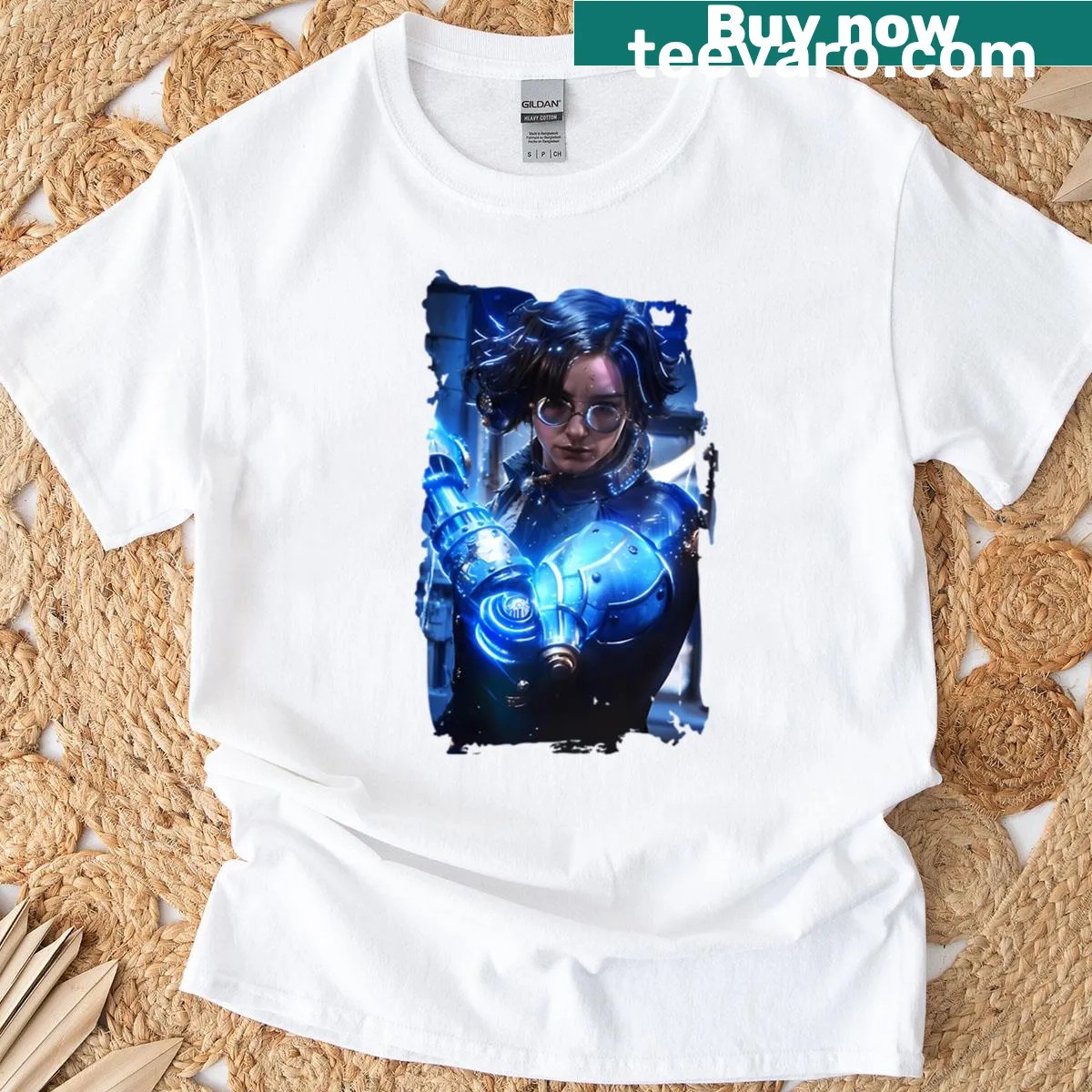 Fantasy T-shirt with graphics blending video game and movie elements — on a men's t-shirt