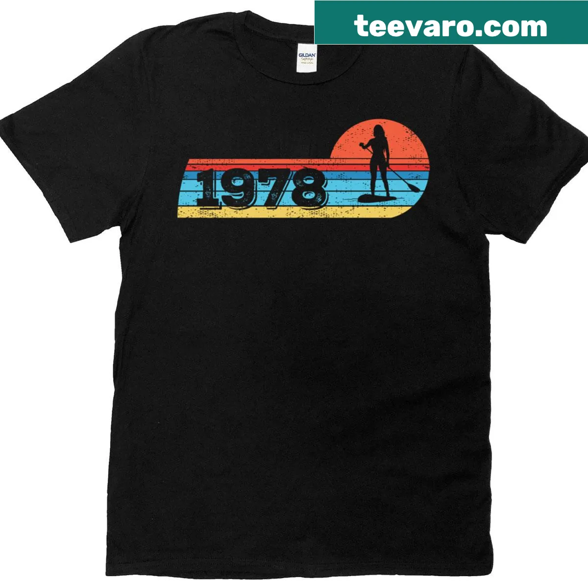 Vintage 1978 birthday t-shirt with paddleboarding graphics — on a men's t-shirt