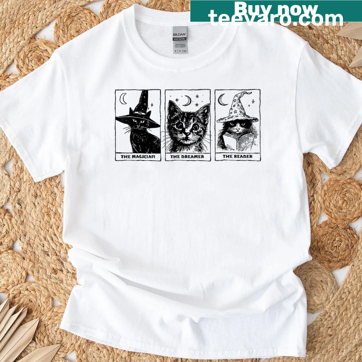 Halloween T-shirt with a vintage black cat witch tarot card design — on a men's t-shirt