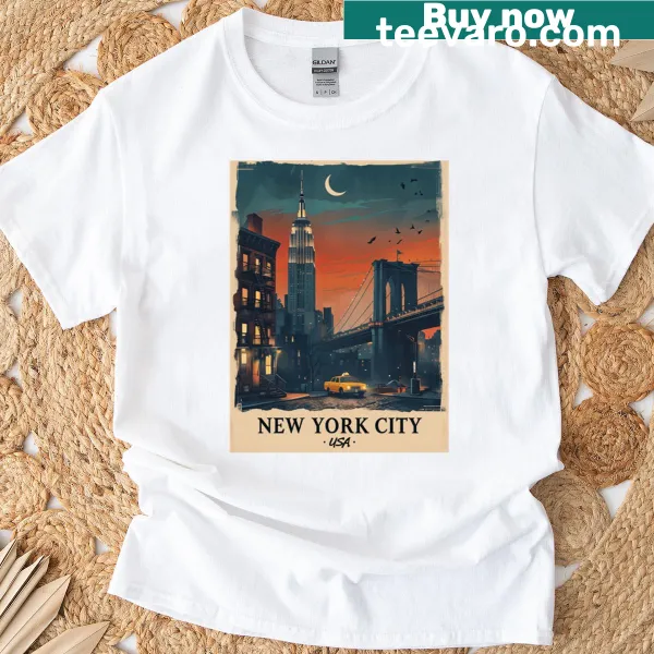 T-shirt featuring a vintage city dusk illustration with a taxi and bridge.