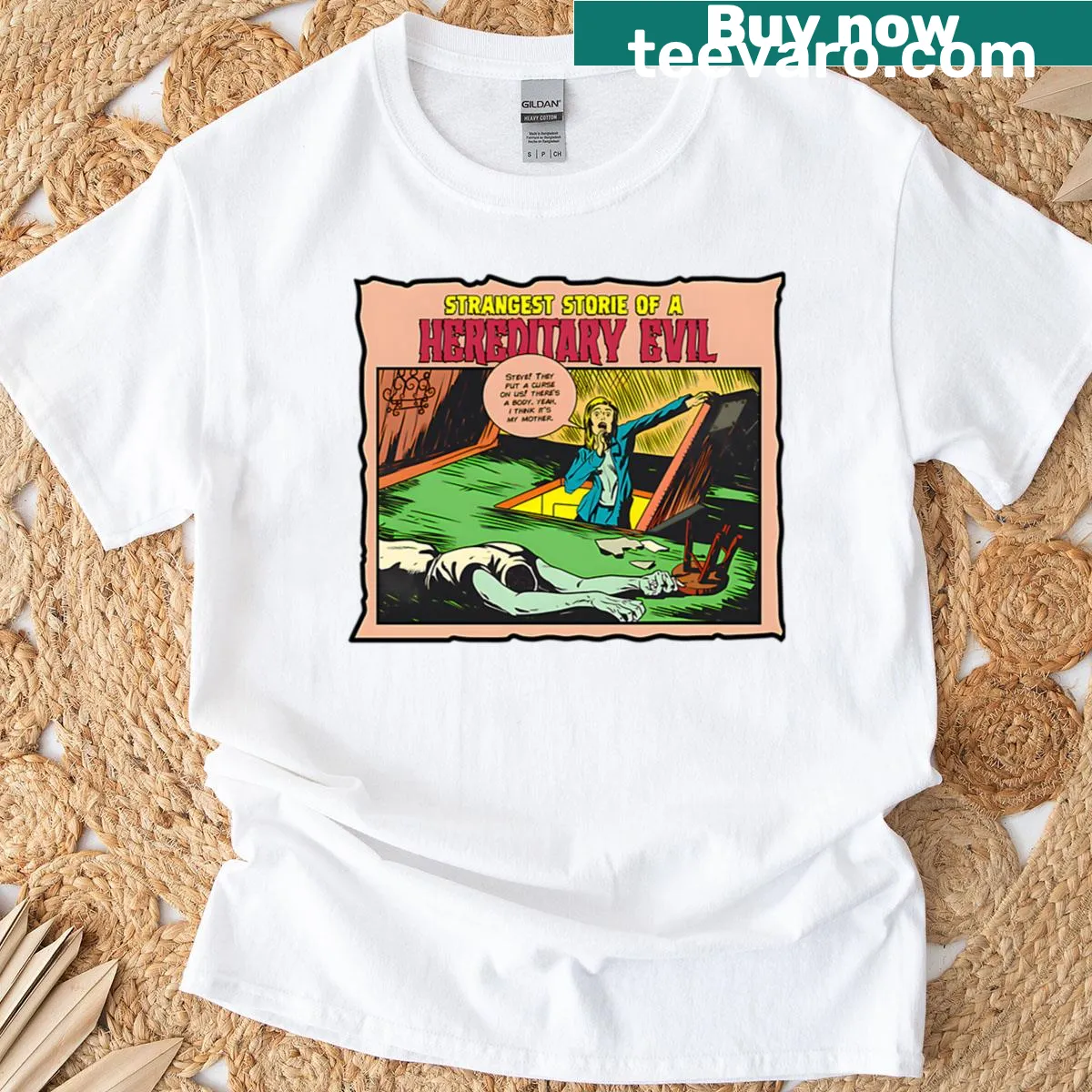 Bold T-shirt featuring vintage horror movie logo for Halloween — on a men's t-shirt