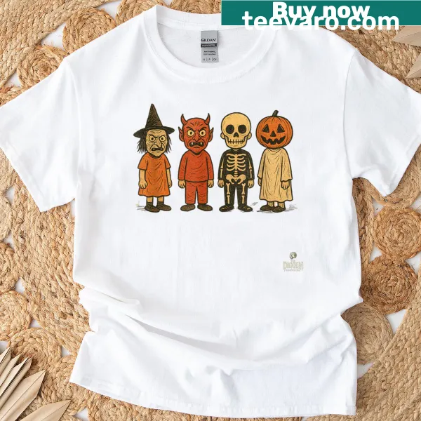 Cute Halloween T-shirt featuring kids in costumes
