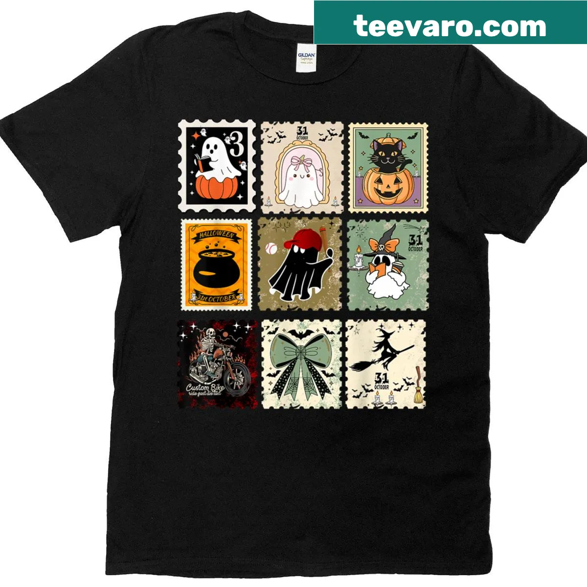 Vintage Halloween collage t-shirt with postage stamp design — on a men's t-shirt