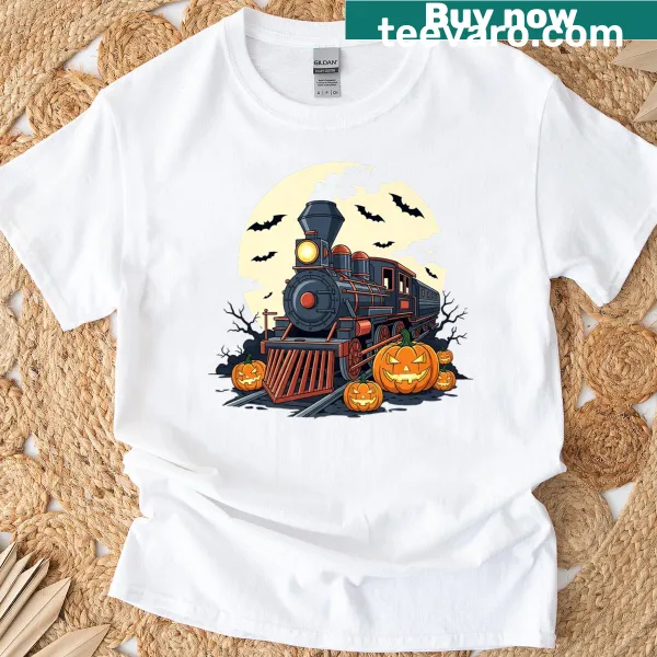 Fun Halloween T-shirt with train and jack-o'-lantern illustration