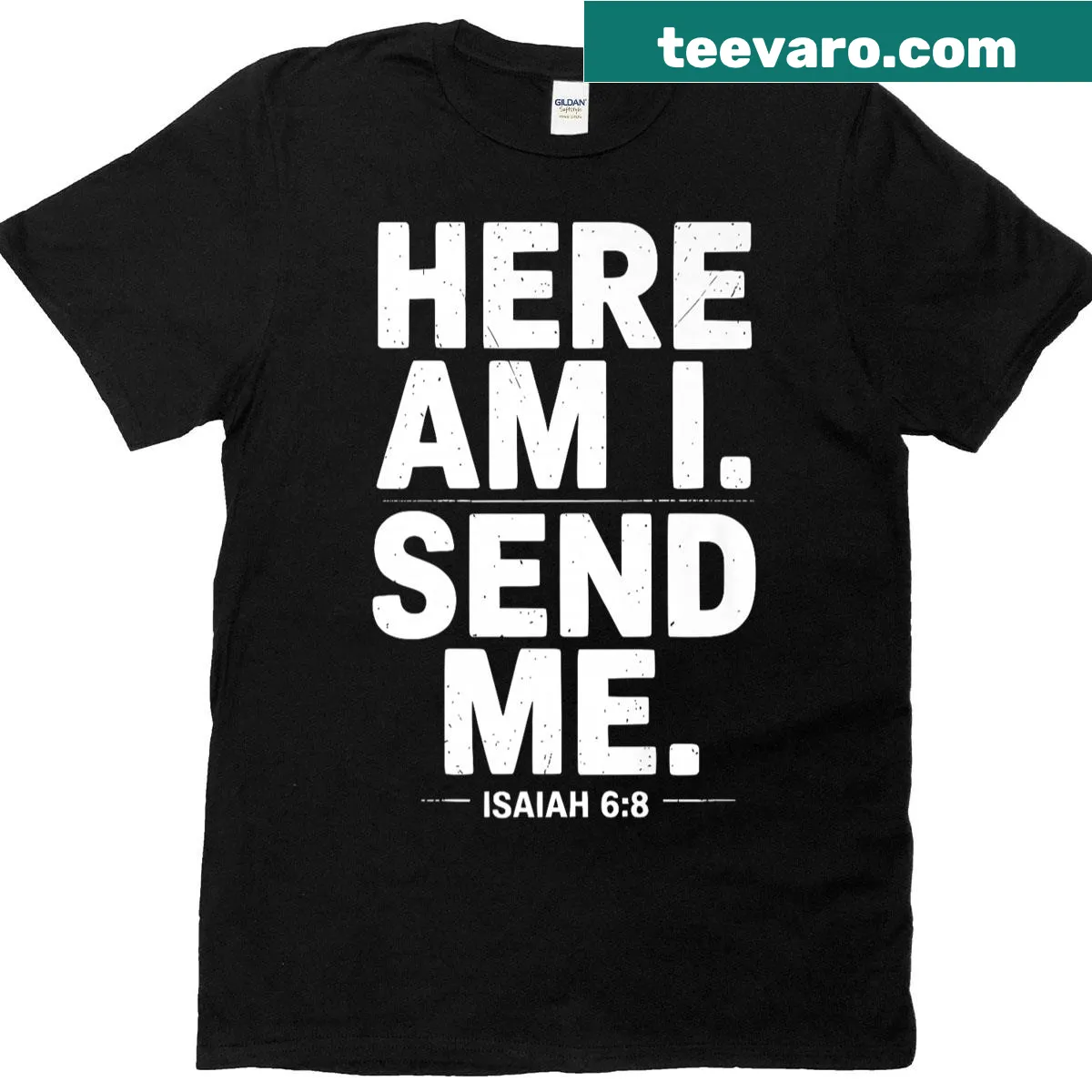 Vintage T-shirt with the phrase 'Here Am I Send Me' — on a men's t-shirt