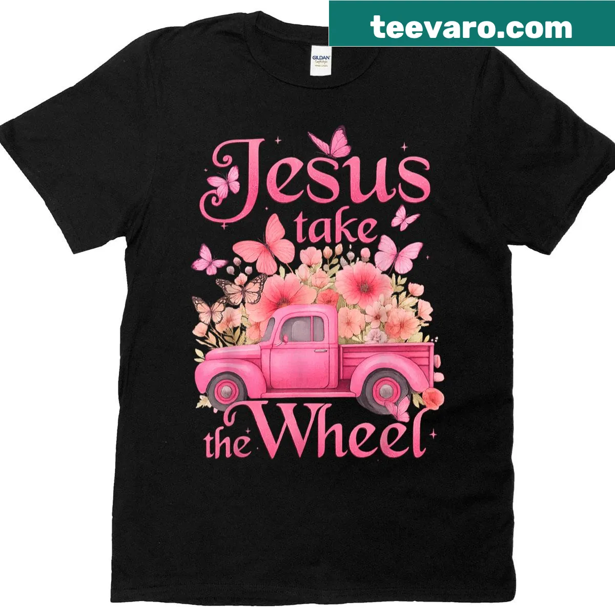 Vintage t-shirt featuring Jesus Take The Wheel with truck and floral design — on a men's t-shirt