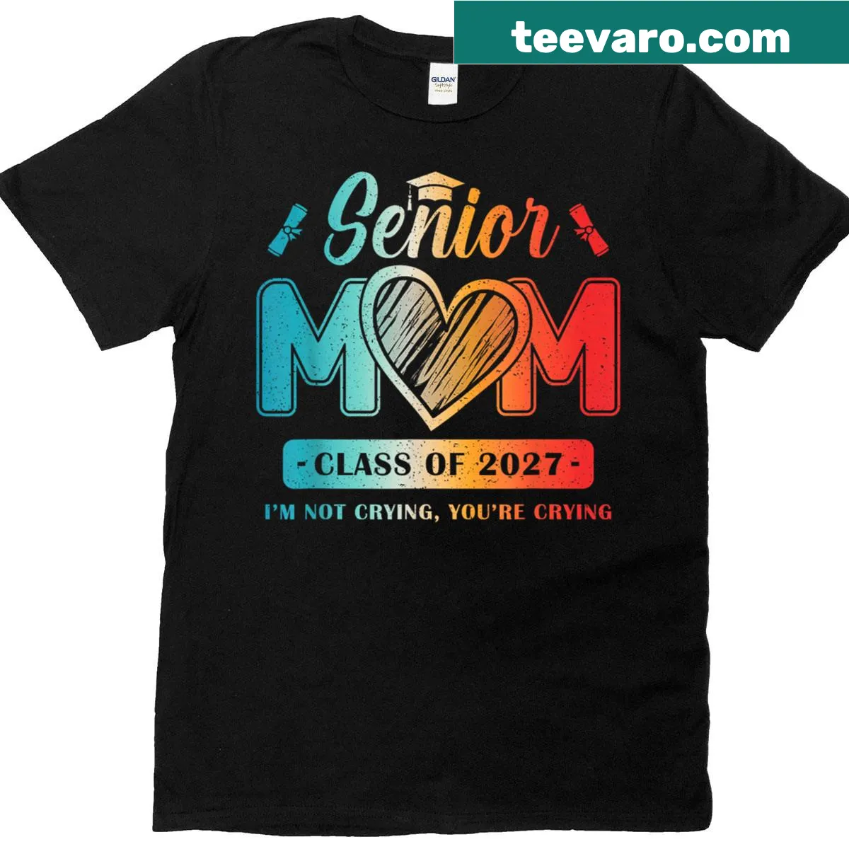 Vintage Proud Mom t-shirt for Class of 2027 graduates — on a men's t-shirt