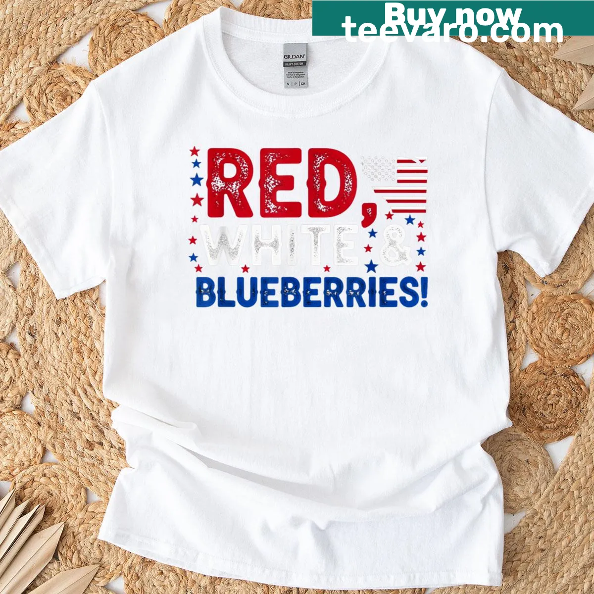 Vintage t-shirt featuring an American flag with blueberries for holiday humor — on a men's t-shirt