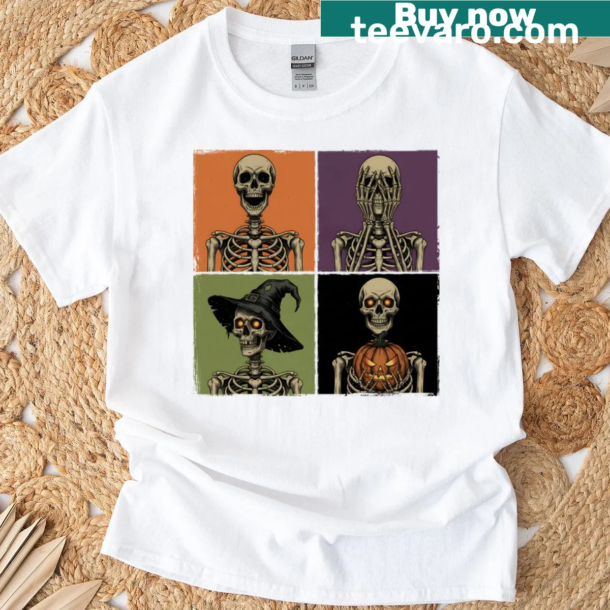 Vintage distressed Halloween T-shirt with skeleton grid design — on a men's t-shirt