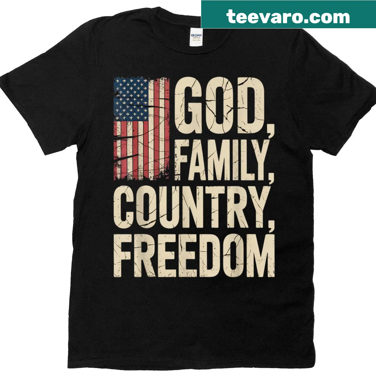 Vintage USA flag shirt with text about God, Family, Country, and Freedom — on a men's t-shirt