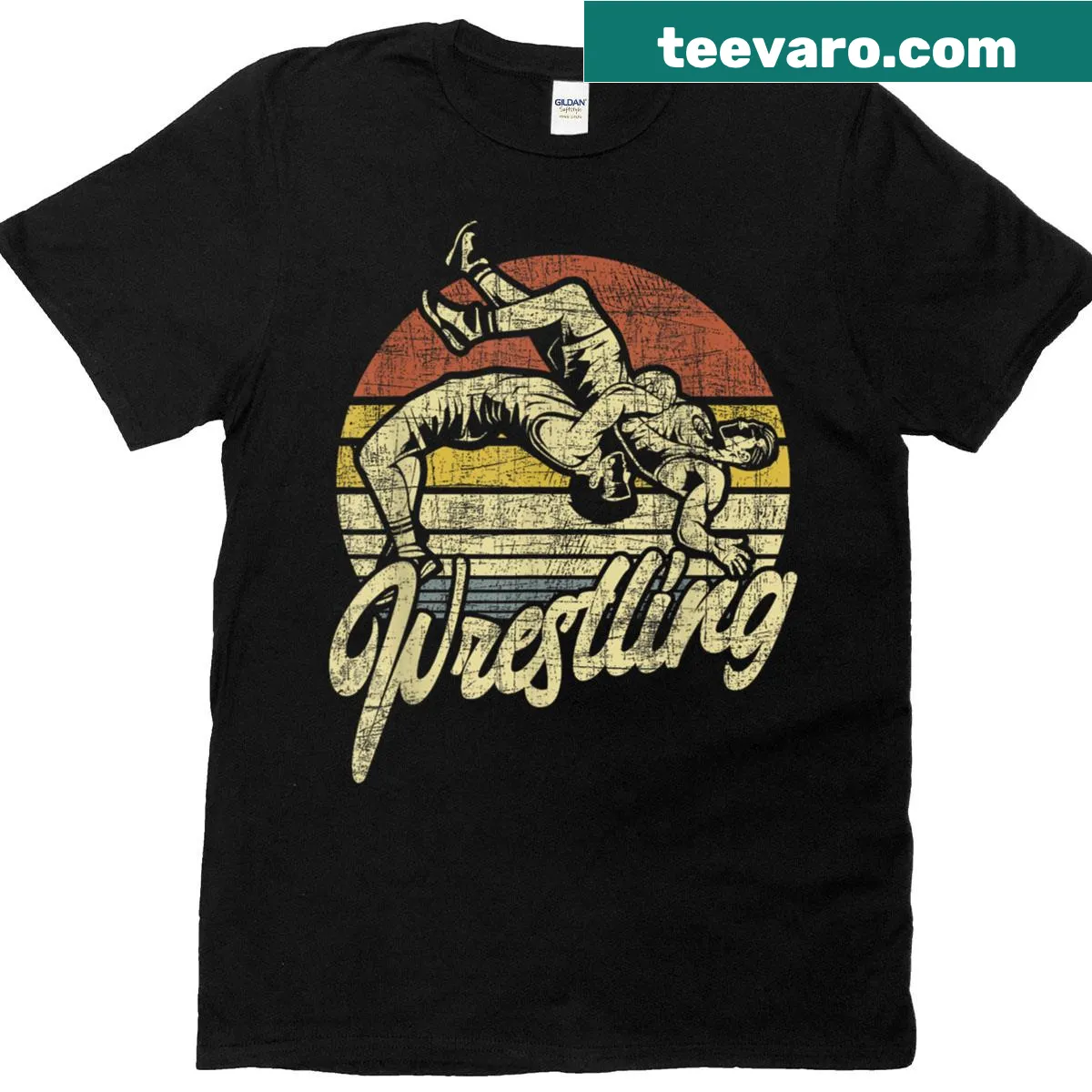 Vintage t-shirt for wrestling fans featuring a retro sunset graphic — on a men's t-shirt