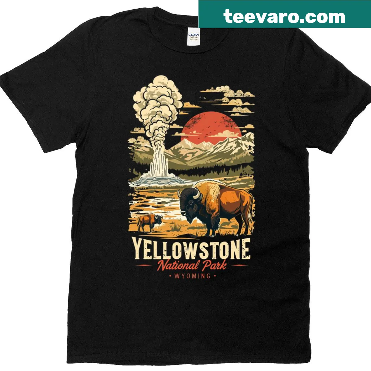 Vintage Yellowstone t-shirt featuring a bison and geyser illustration — on a men's t-shirt