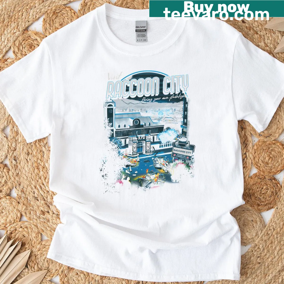 Edgy T-shirt inviting to visit Raccoon City with a bold graphic — on a men's t-shirt