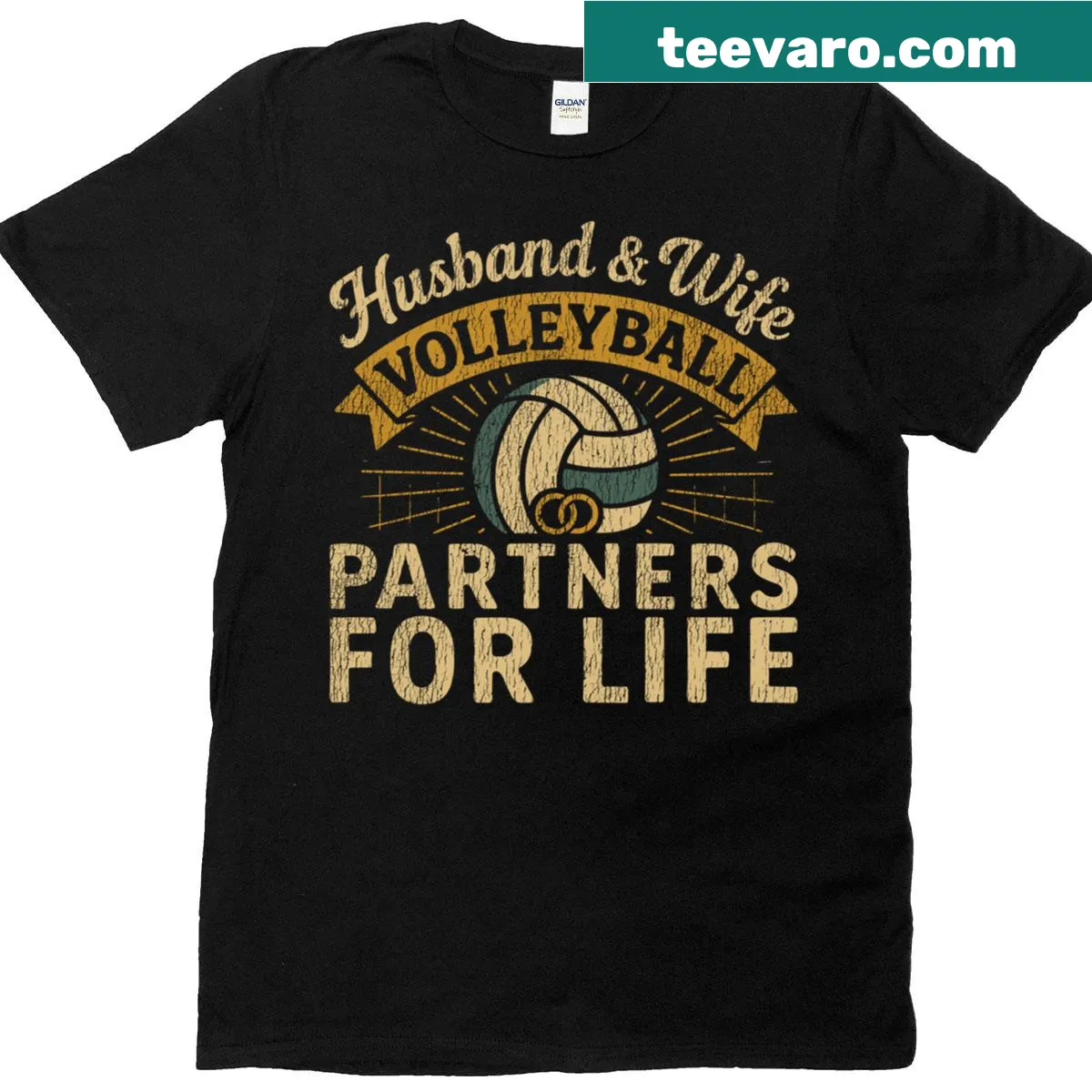 Vintage couple volleyball-themed wedding t-shirt — on a men's t-shirt