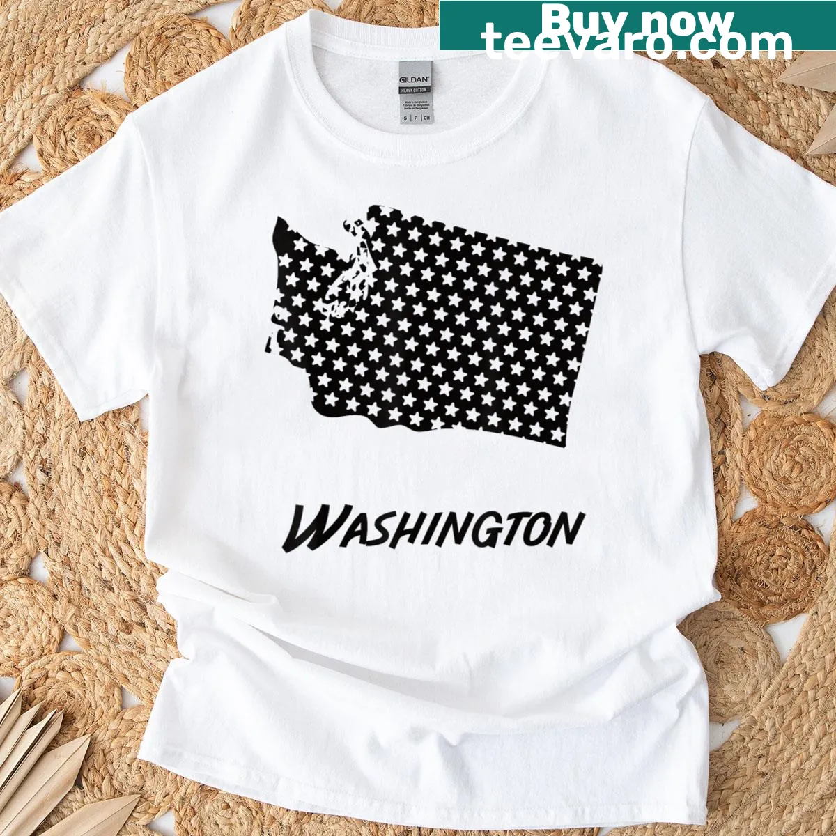 Vintage Washington State outline T-shirt with star accents — on a men's t-shirt