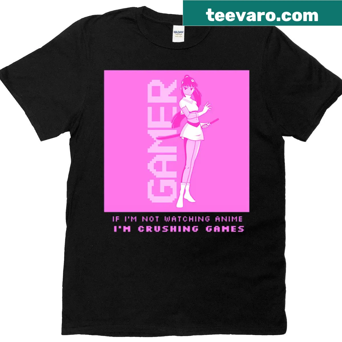 Illustrative T-shirt featuring anime and gaming themes — on a men's t-shirt