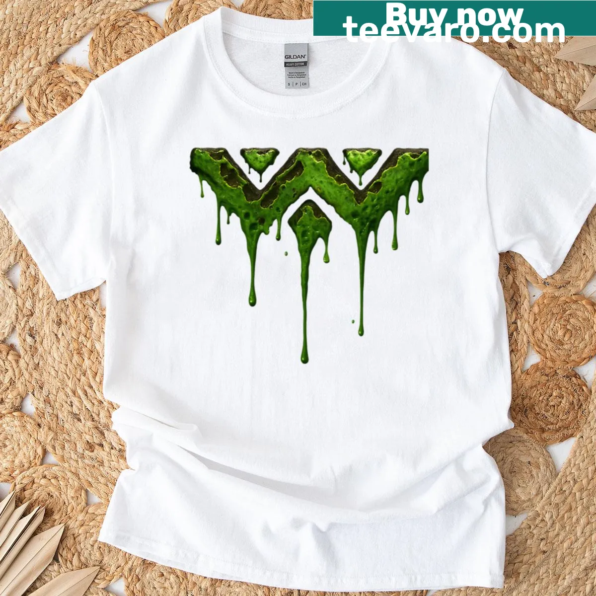 Weyland Alien Blood graphic t-shirt featuring a logo and blood design — on a men's t-shirt