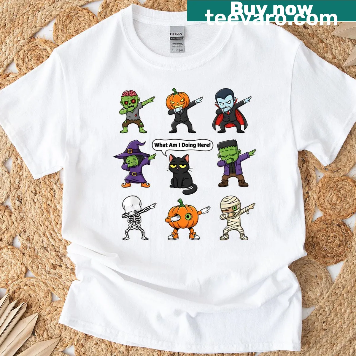 Halloween t-shirt featuring a dabbing cat and skeleton design — on a men's t-shirt