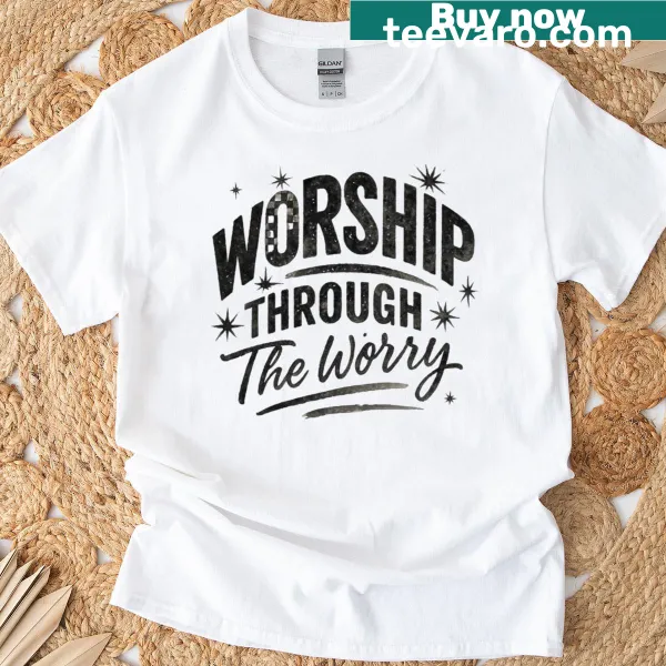 Retro distressed T-shirt with inspirational lettering about worship
