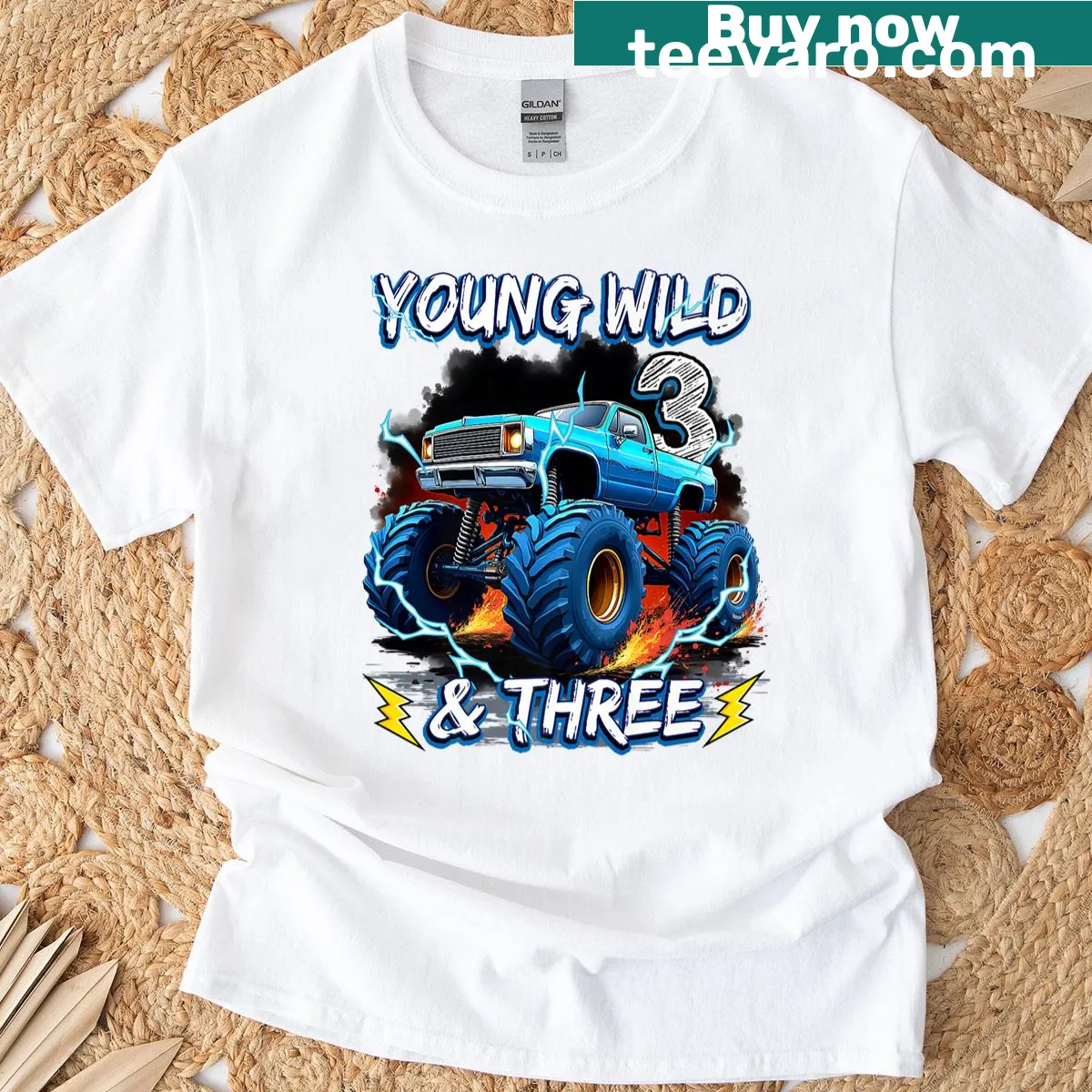 Monster truck birthday t-shirt for 3-year-olds with playful graphic — on a men's t-shirt
