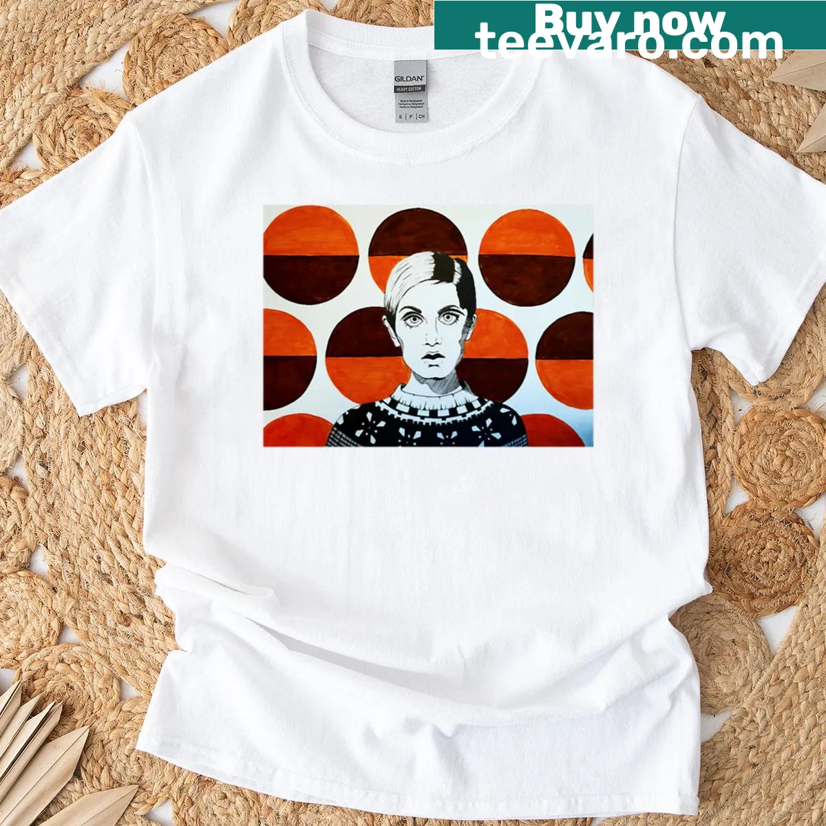 Retro Twiggy inspired design t-shirt celebrating 1960s fashion — on a men's t-shirt