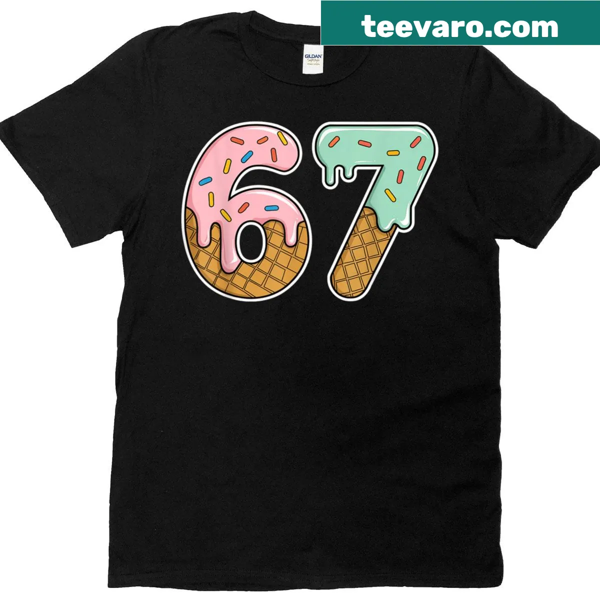 Funny meme T-shirt featuring '67 Ice Cream' text and illustrations — on a men's t-shirt