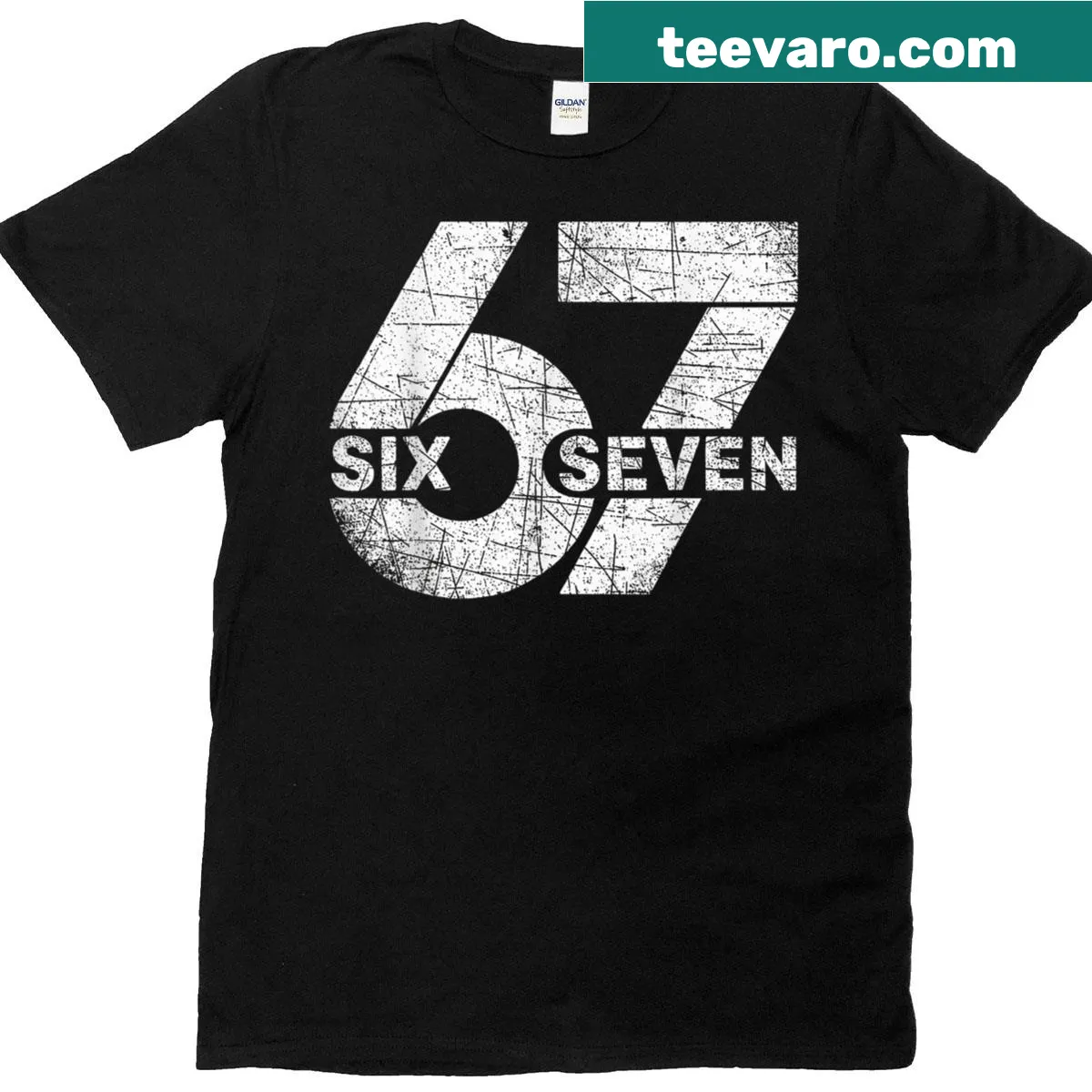 Funny t-shirt featuring the '67 Six Seven' meme text design — on a men's t-shirt
