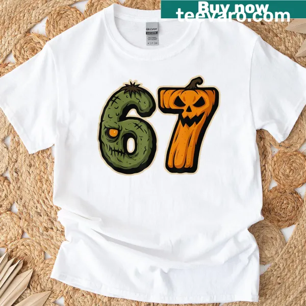 Humorous zombie pumpkin graphic on a Halloween-themed T-shirt
