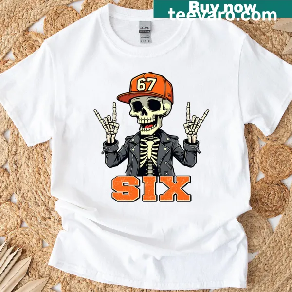 Halloween T-shirt featuring '67endy Skeleton' graphic