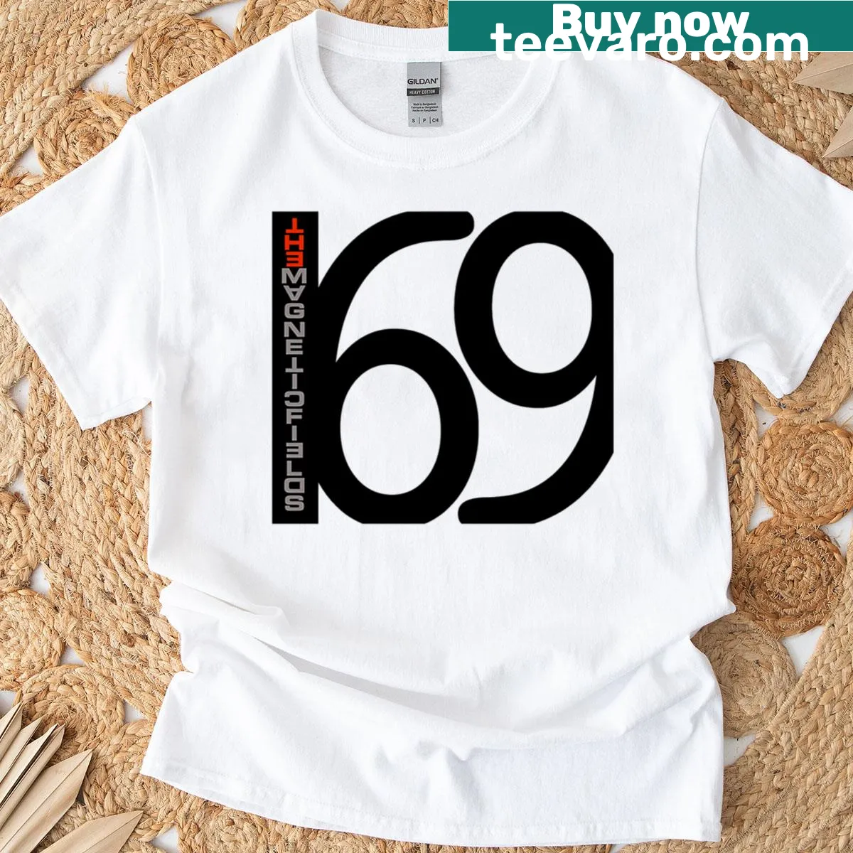 Typography design featuring '69 Love Songs' text on a T-shirt — on a men's t-shirt