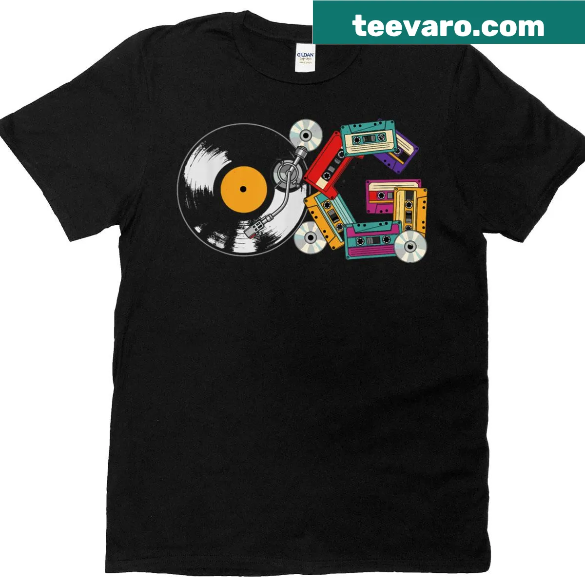 Vintage t-shirt featuring 90s hip hop music graphics with vinyl and cassette — on a men's t-shirt