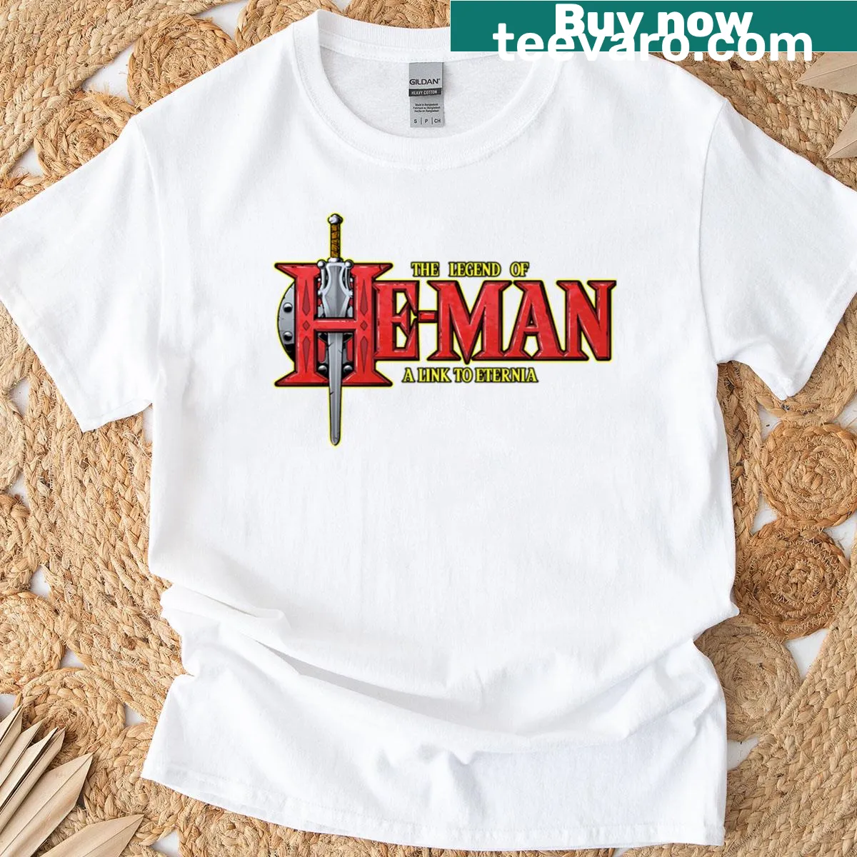 Imaginative graphic depicting a fantasy link to Eternia on a T-shirt — on a men's t-shirt