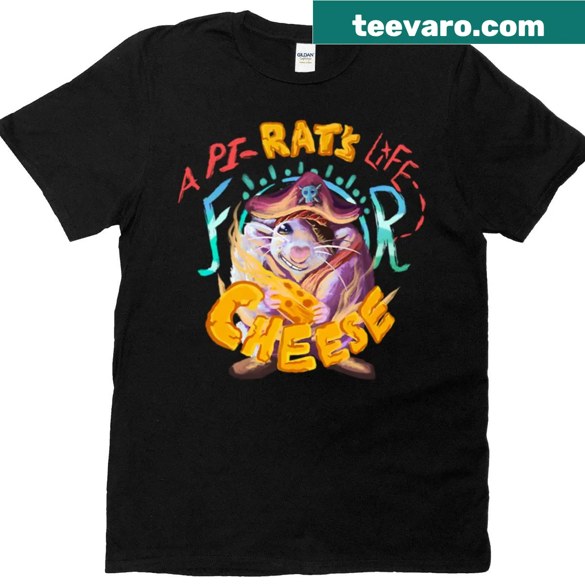 Pirate-themed t-shirt featuring a cartoon rat with cheese — on a men's t-shirt