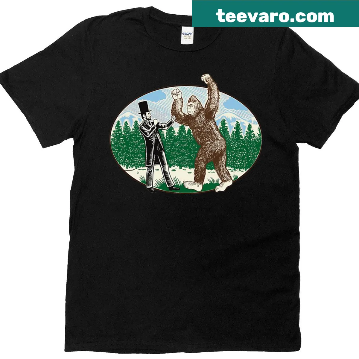 Graphic T-shirt featuring Abe Lincoln and Sasquatch hunting logo — on a men's t-shirt
