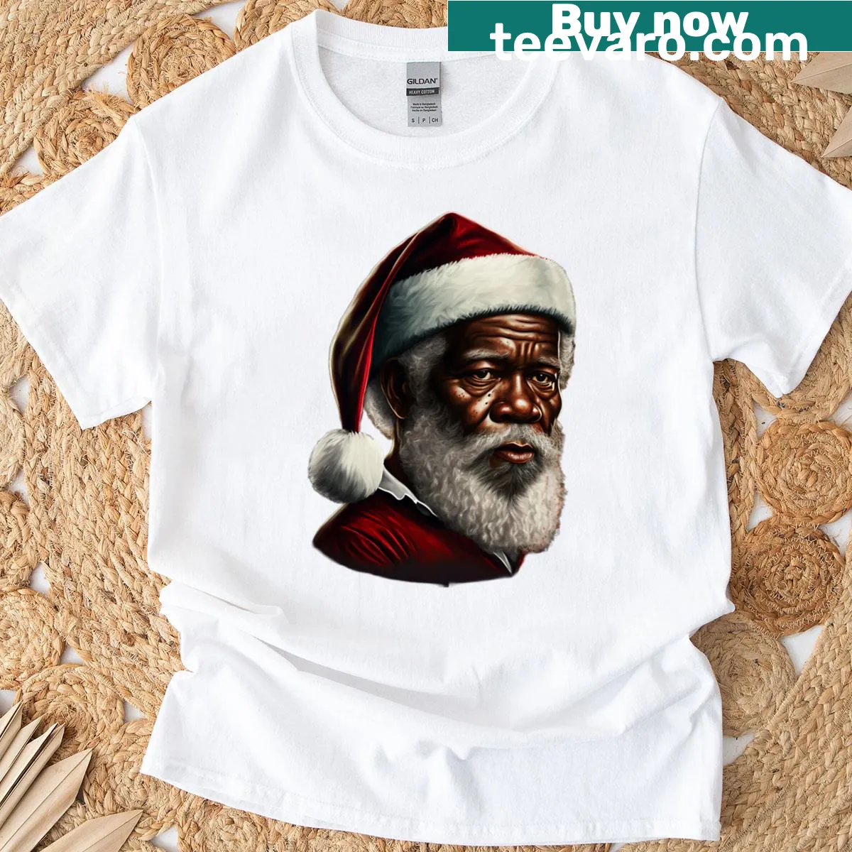 T-shirt featuring African American Santa with 'Merry Christmas' text — on a men's t-shirt