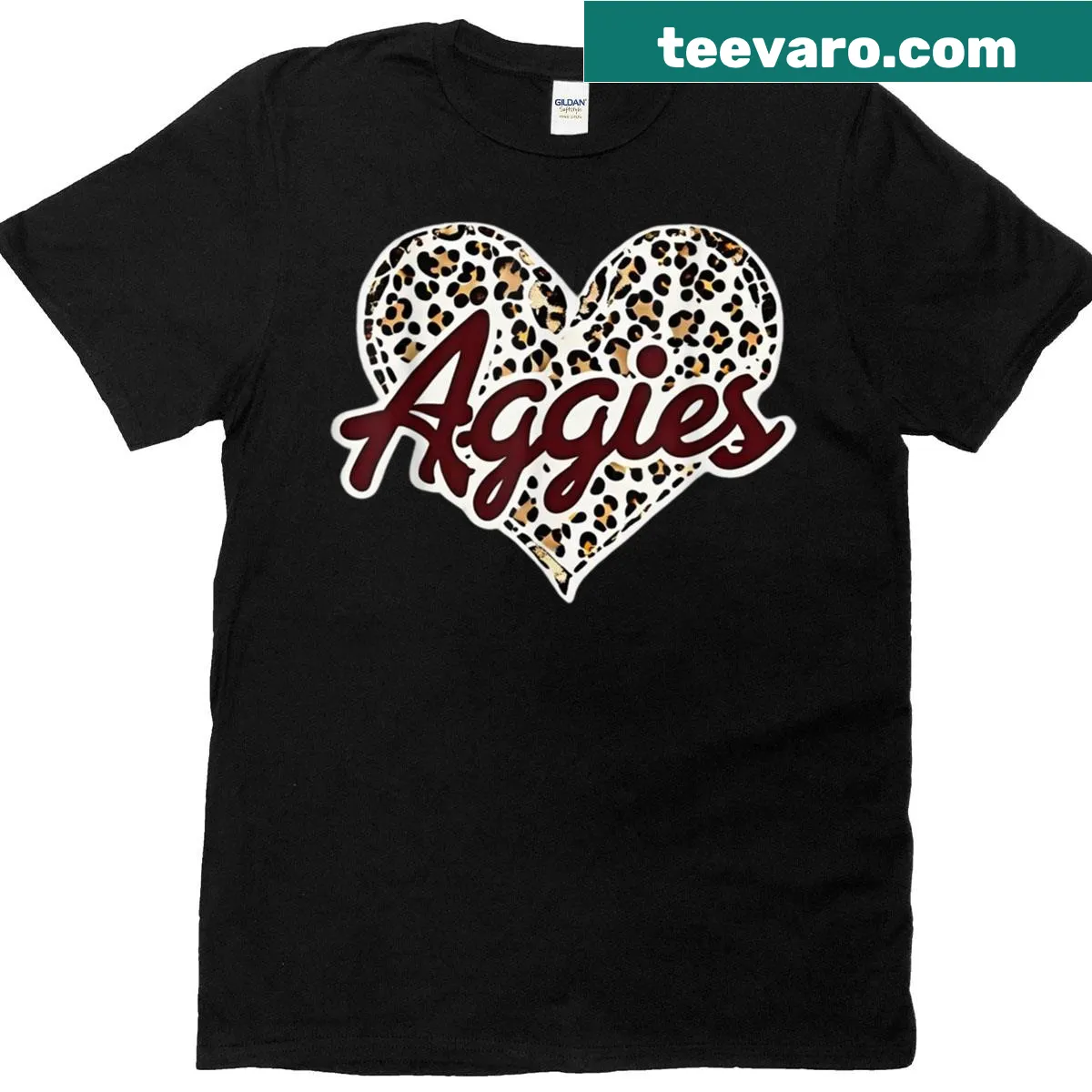 Aggies Love T-shirt featuring a heart and leopard print design — on a men's t-shirt