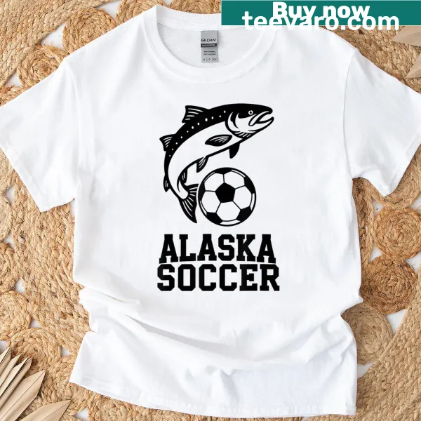 Alaska-themed soccer t-shirt with salmon and ball graphic