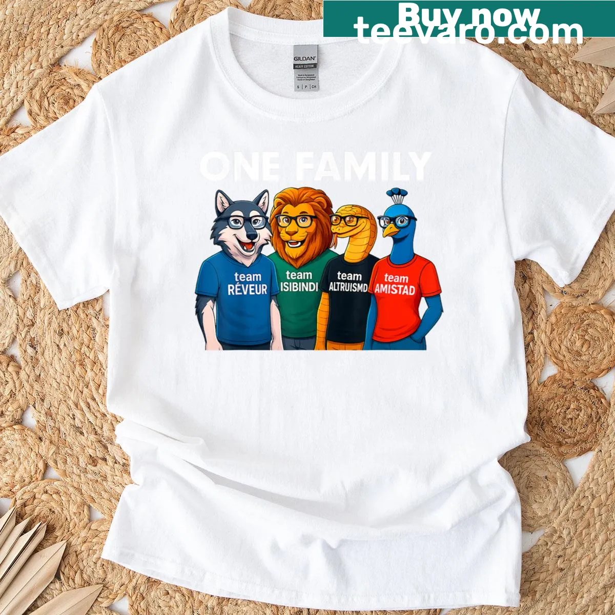 Text shirt celebrating family unity with four house names — on a men's t-shirt