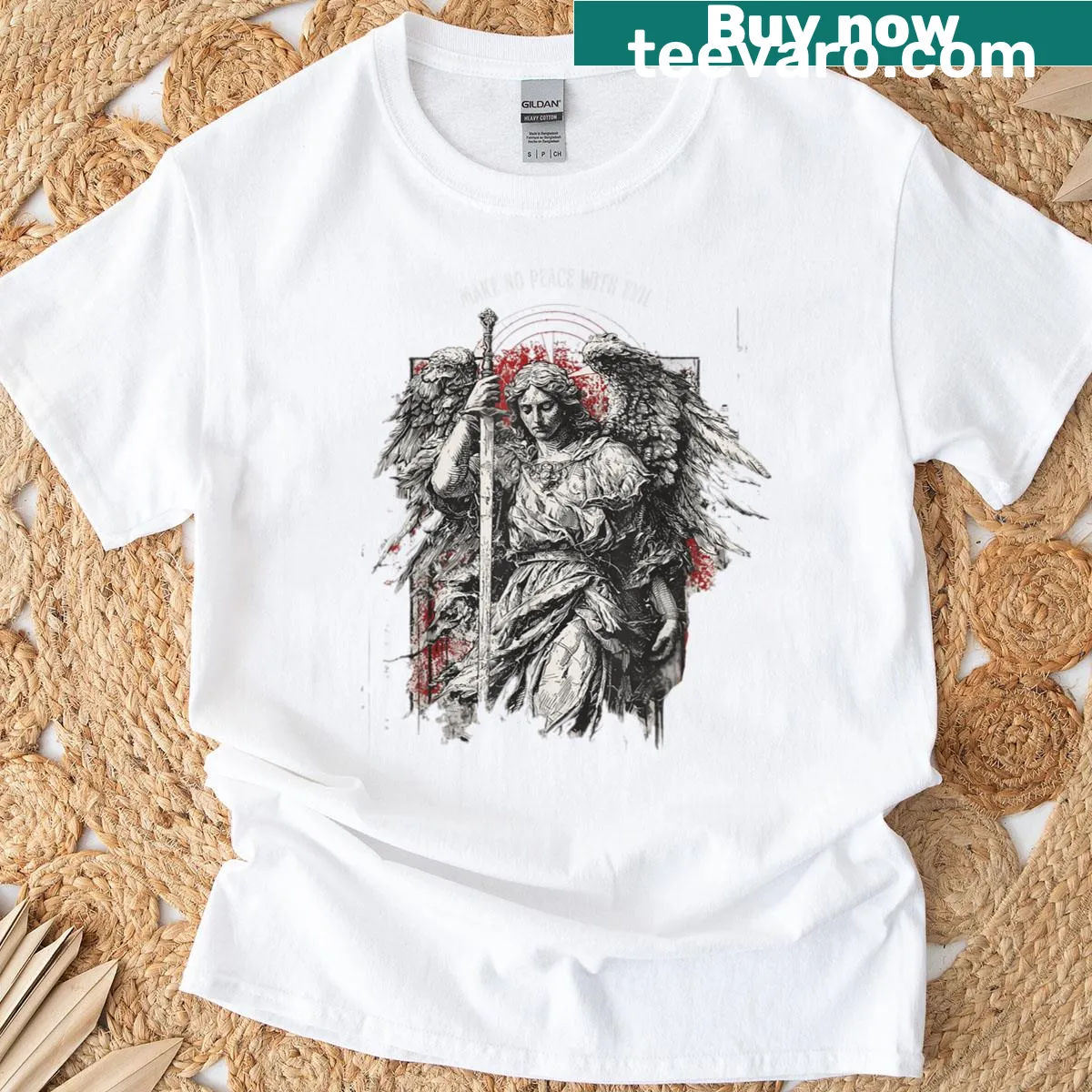 Bold gothic Christian t-shirt featuring Archangel Michael's message — on a men's t-shirt