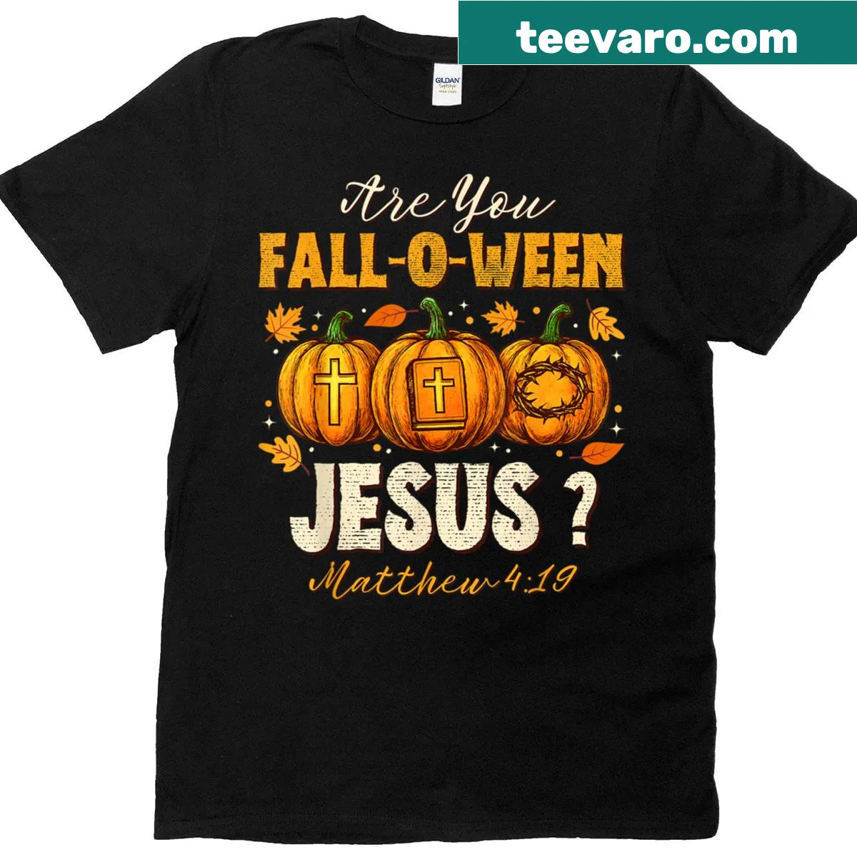Autumn-themed Halloween t-shirt with pumpkins and Christian elements — on a men's t-shirt