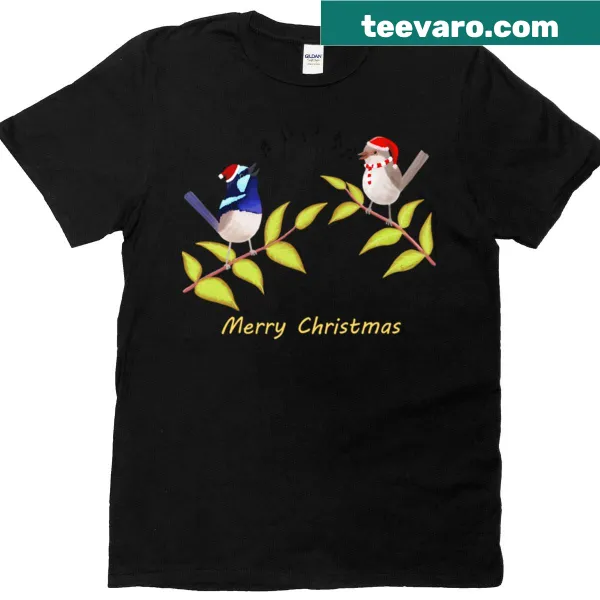 Cute blue wren illustration on Christmas-themed t-shirt
