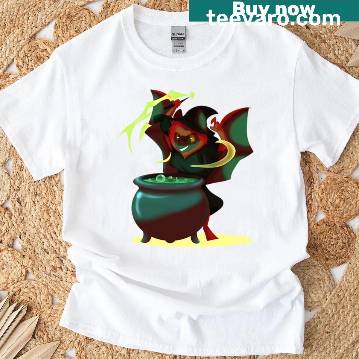 Witch with bats illustration on T-shirt — on a men's t-shirt