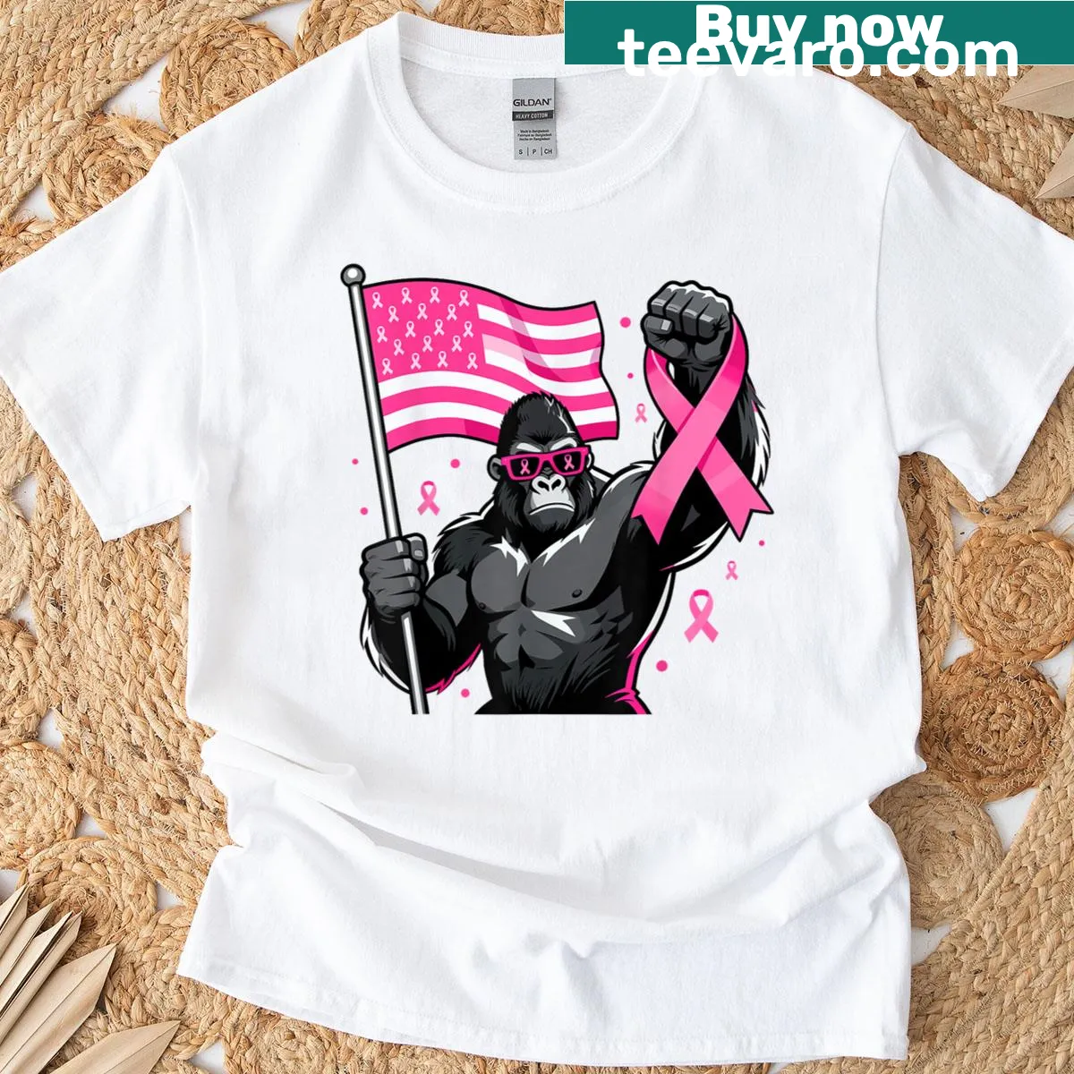 Bigfoot illustration with pink ribbon for breast cancer awareness t-shirt — on a men's t-shirt
