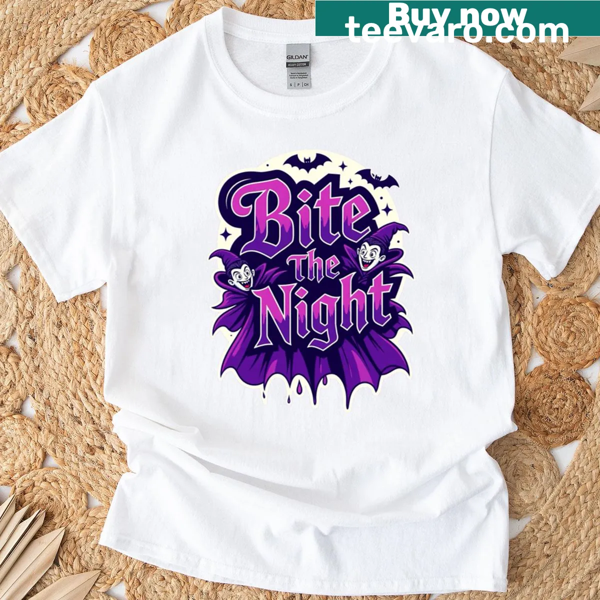 Whimsical vampire adventure illustration T-shirt for Halloween. — on a men's t-shirt