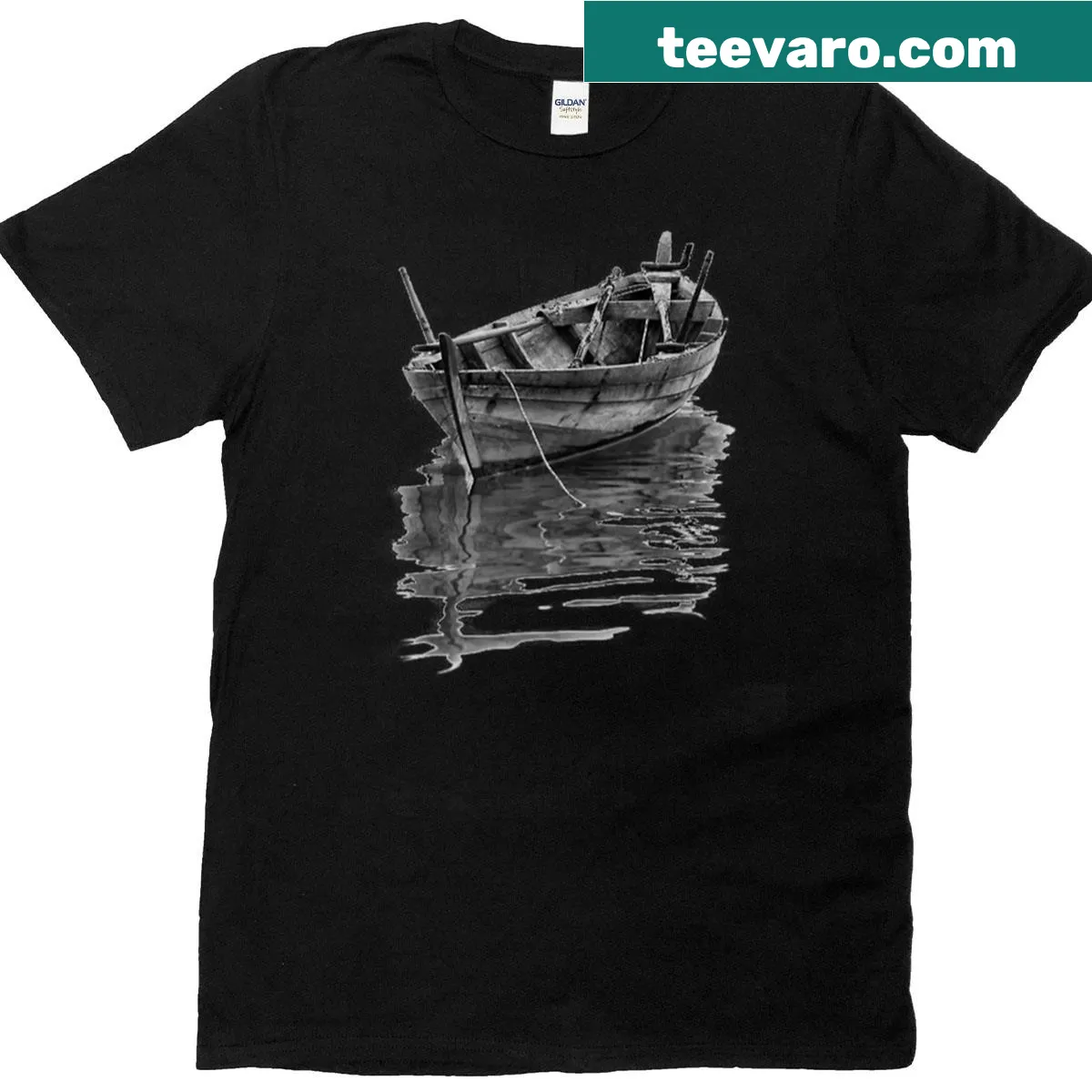 Realistic T-shirt featuring a rowboat on a serene lake — on a men's t-shirt